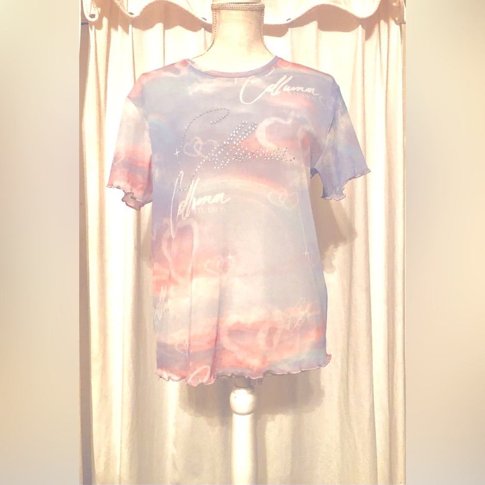 Collusion M (Air Clouds) Purple Sheer Short Sleeved Top with Rhinestone Designs